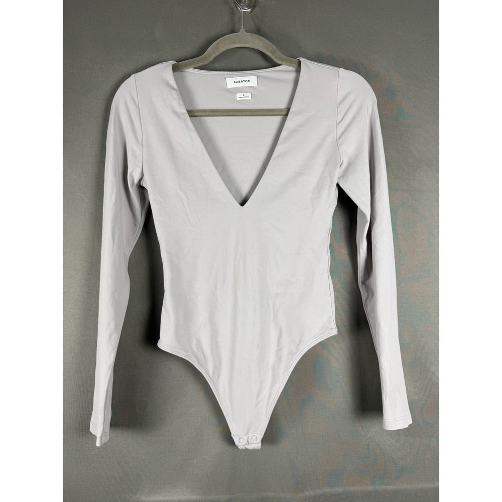 Babaton Bodysuit Women Small Gray Long Sleeve V-Neck Snap Closure 78564